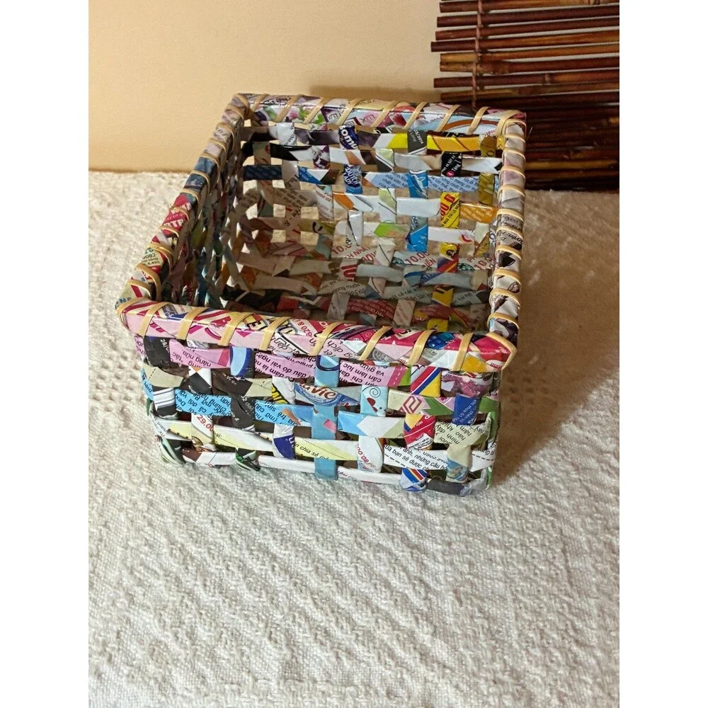 Handwoven Recycled Magazine Paper Basket Colorful Woven Storage Bin Eco Friendly